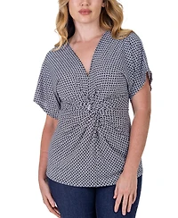 24seven Comfort Apparel V Neck Geometric Print Knot Front Kimono Sleeve Top