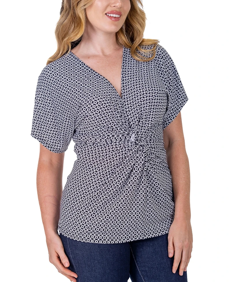 24seven Comfort Apparel V Neck Geometric Print Knot Front Kimono Sleeve Top