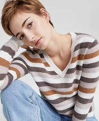Charter Club Women's Striped 100% Cashmere V-Neck Sweater, Created for Macy's