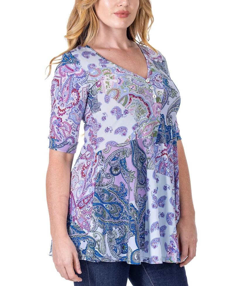 24seven Comfort Apparel Print Elbow Sleeve V Neck Henley Tunic Top