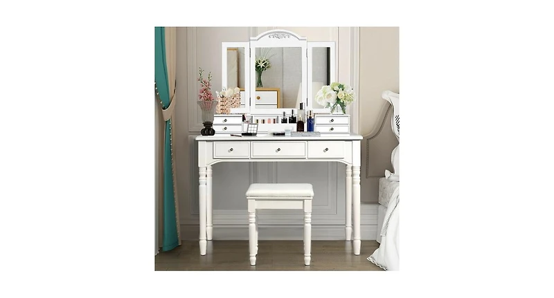 Slickblue Makeup Dressing Table with Tri-Folding Mirror and Cushioned Stool for Women