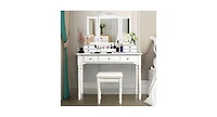 Slickblue Makeup Dressing Table with Tri-Folding Mirror and Cushioned Stool for Women