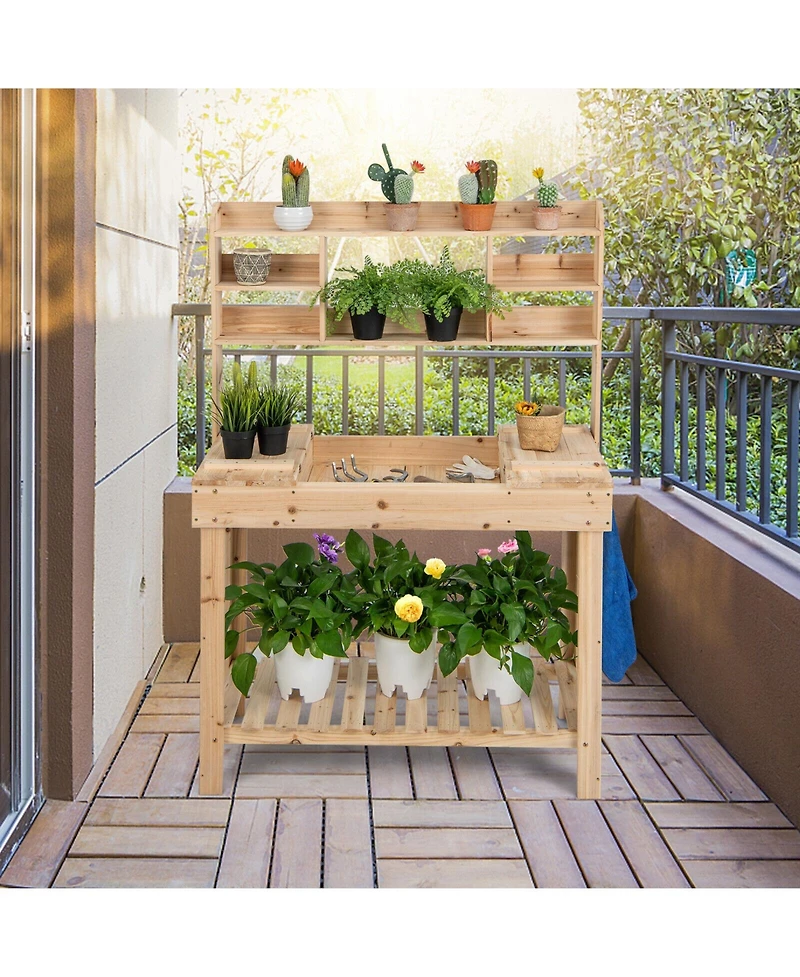 Slickblue Large Garden Potting Bench Table with Display Rack and Hidden Sink-Natural
