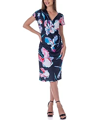 24seven Comfort Apparel Print Knee Length Short Sleeve Faux Wrap Dress