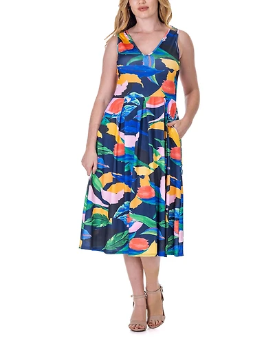24seven Comfort Apparel Print Sleeveless Pleated Pocket Midi Dress