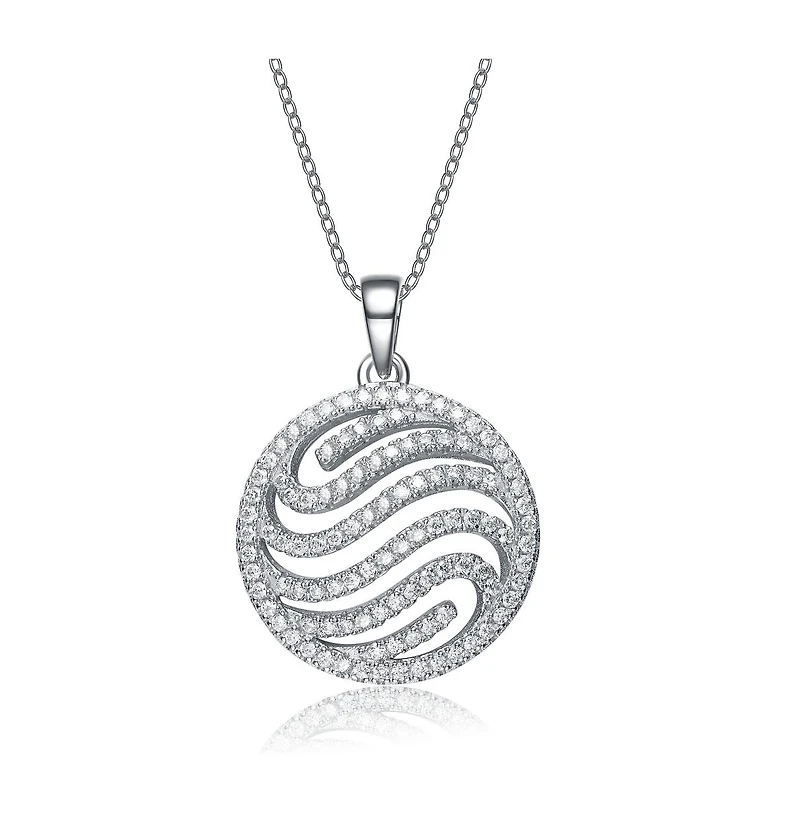 Cubic Zirconia Sterling Silver White Gold Plated Swirl Design Round Drop Pendant