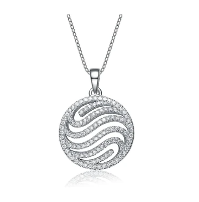 Cubic Zirconia Sterling Silver White Gold Plated Swirl Design Round Drop Pendant