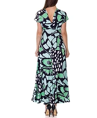 24seven Comfort Apparel Print V Neck Empire Waist Kimono Cap Sleeve Maxi Dress