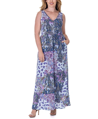 24seven Comfort Apparel Print Sleeveless V Neck Maxi Pocket Dress