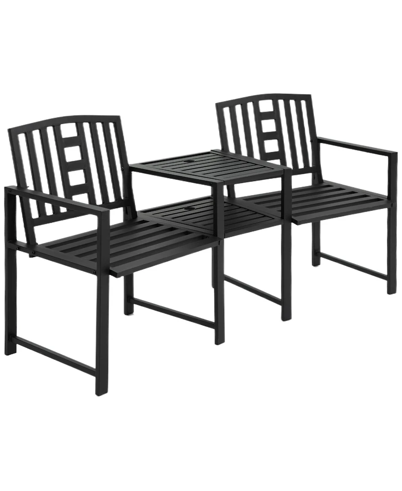Outsunny Metal Garden Bench with Center Table and Umbrella Hole