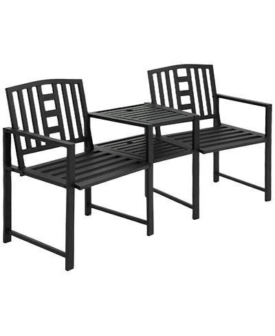 Outsunny Metal Garden Bench with Center Table and Umbrella Hole