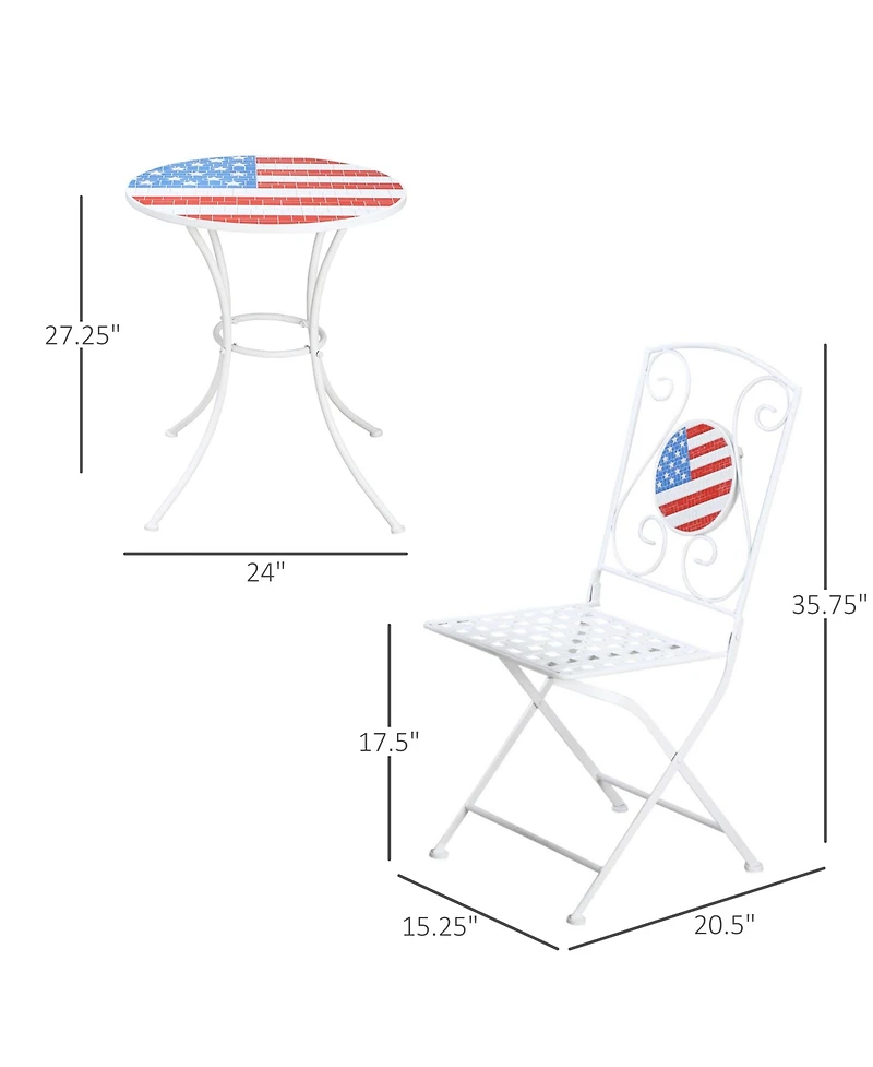 Outsunny 3 Piece Outdoor Patio Dining Bistro Set, 2 Folding Chairs, American Flag Stone Mosaic, Folding Center Table for Garden, Poolside, Porch