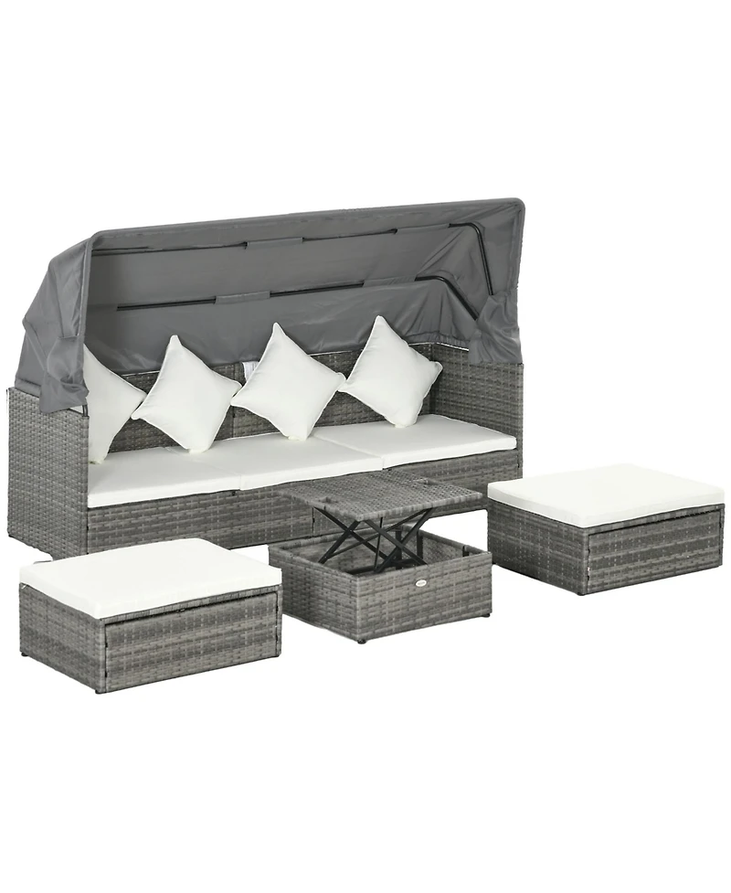 4 Piece Adjustable Canopy Outdoor Rat Sofa Set, Light