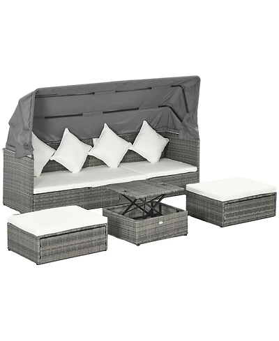 4 Piece Adjustable Canopy Outdoor Rat Sofa Set, Light