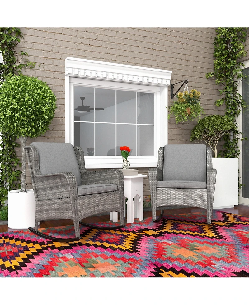 Outsunny Wicker Rocking Chair Set, Outdoor Rockers w/ Cushions,