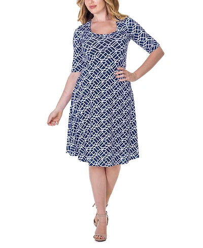 24seven Comfort Apparel Print Knee Length Elbow Sleeve Dress