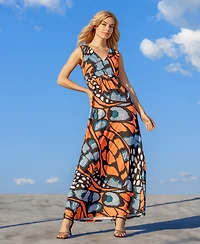 24seven Comfort Apparel Green V Neck Empire Waist Sleeveless Maxi Dress