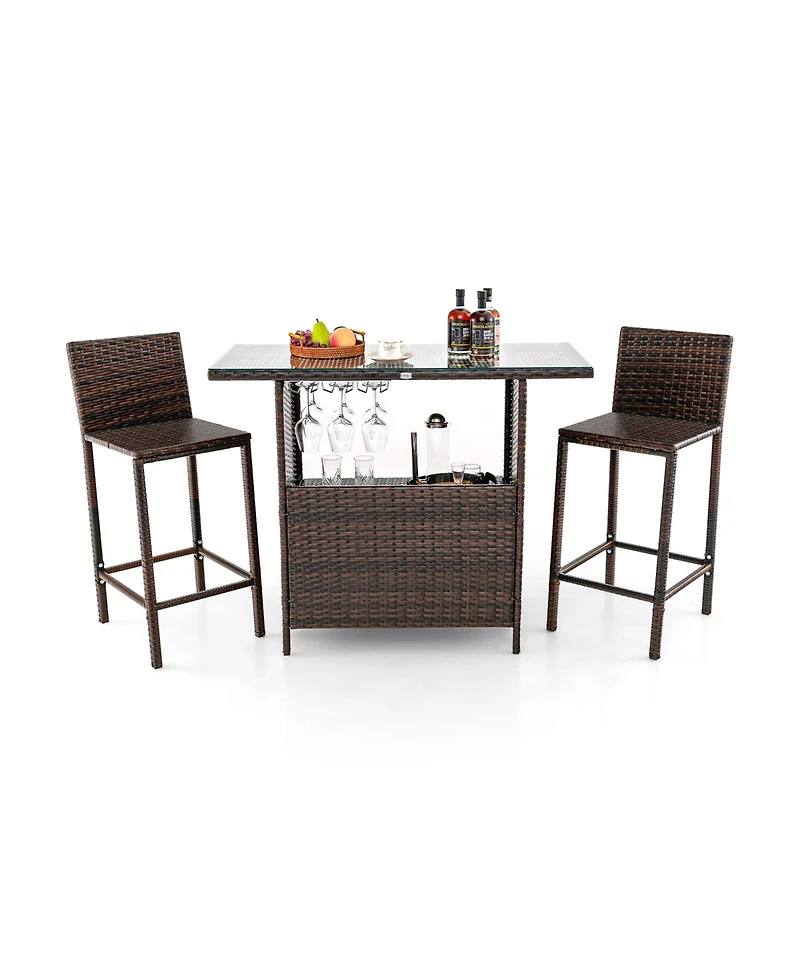 3 Pieces Outdoor Wicker Bar Set with 3 Rows Stemware Racks