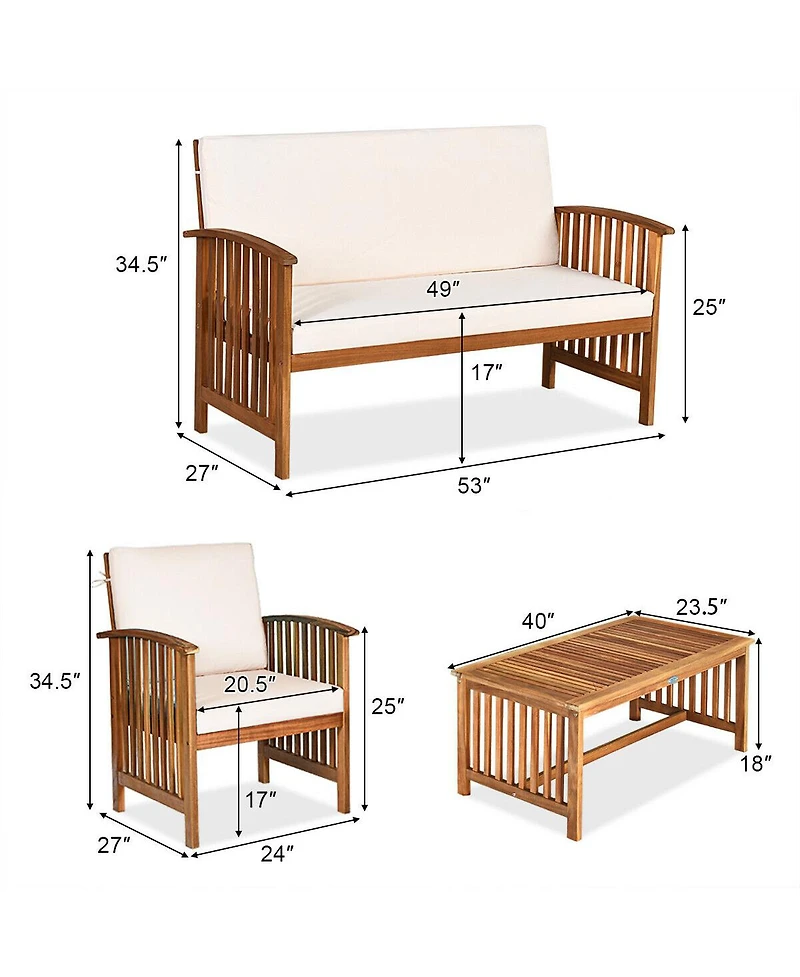 Inolait Sugift 4 Pieces Patio Solid Wood Furniture Set with Water Resistant Cushions