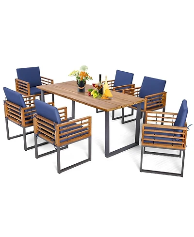 7 Pieces Patio Acacia Wood Dining Chair and Table Set for Backyard and Poolside