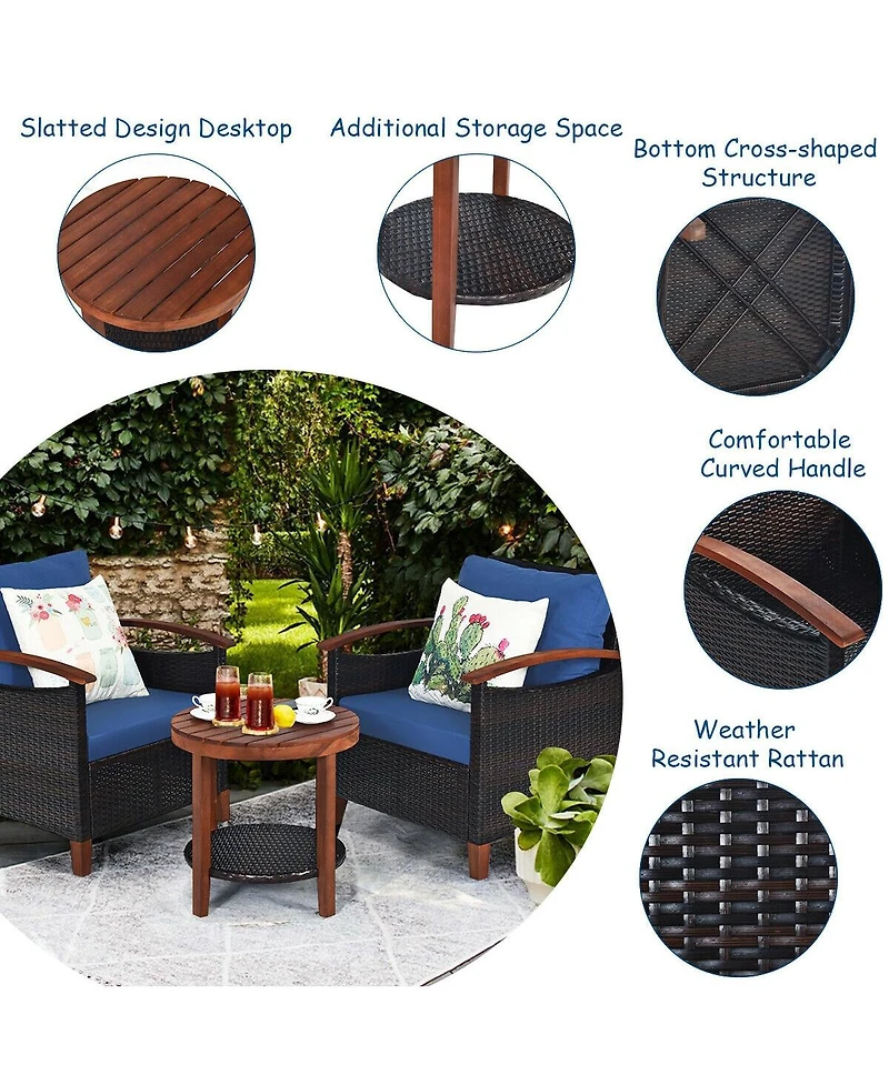 Sugift 3 Pieces Patio Wicker Furniture Set with Washable Cushion and Acacia Wood Tabletop