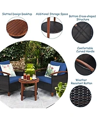 Sugift 3 Pieces Patio Wicker Furniture Set with Washable Cushion and Acacia Wood Tabletop