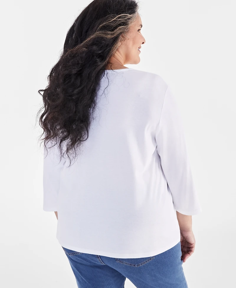 Style & Co Plus Cotton V-Neck 3/4-Sleeve Top, Exclusively at Macy's
