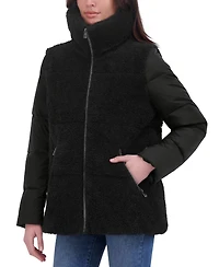 Tahari Women's Mixed-Media Stand-Collar Puffer Coat