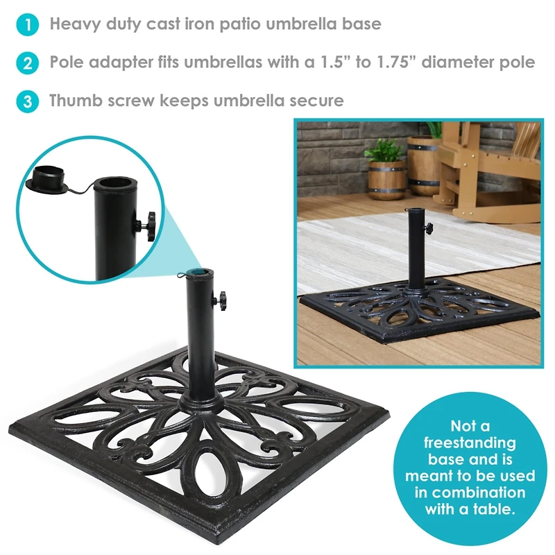 22-Inch Square Cast Iron Umbrella Base with Imperial Geometric Design - Black Finish