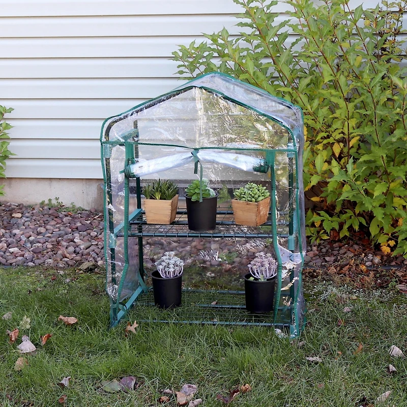 Outdoor Portable -Tier Mini Greenhouse with Roll-up Zippered Door and Steel Wire Shelves