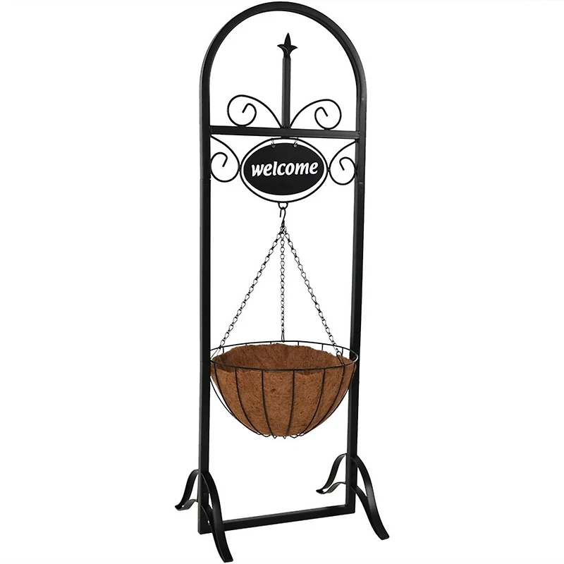 Sunnydaze Decor Hanging Basket Planter Stand with Decorative "Welcome" Sign - 48-Inch Tall