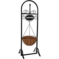 Sunnydaze Decor Hanging Basket Planter Stand with Decorative "Welcome" Sign - 48-Inch Tall