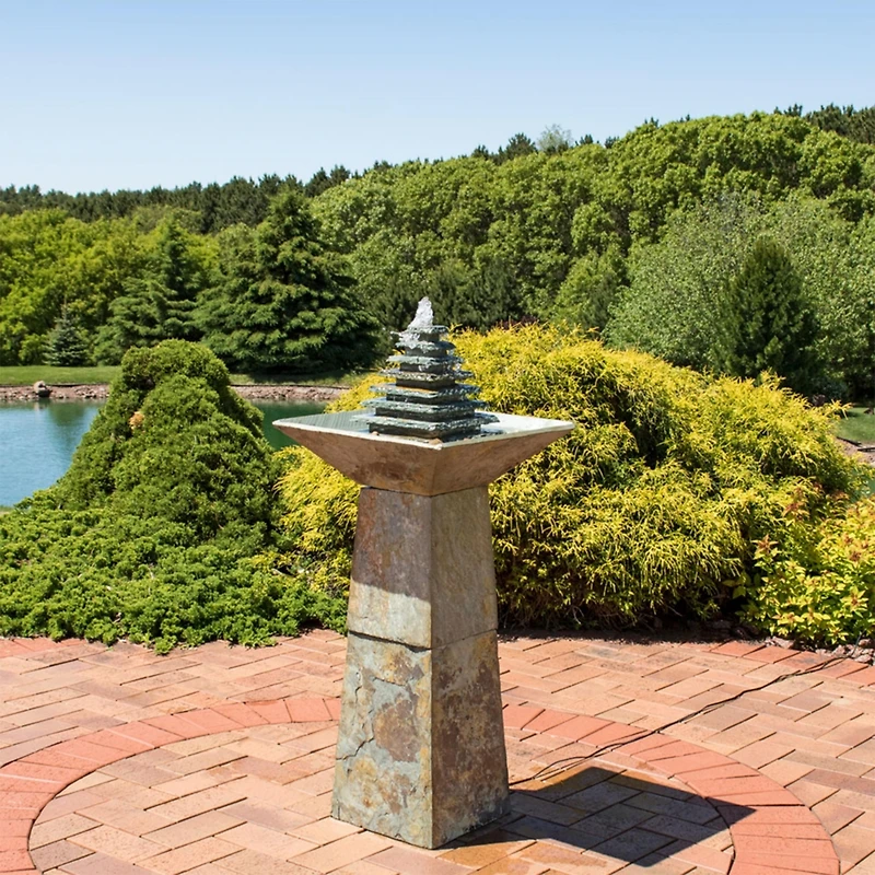 40"H Electric Natural Slate Layered Pyramid Tiered Outdoor Water Fountain with Led Light