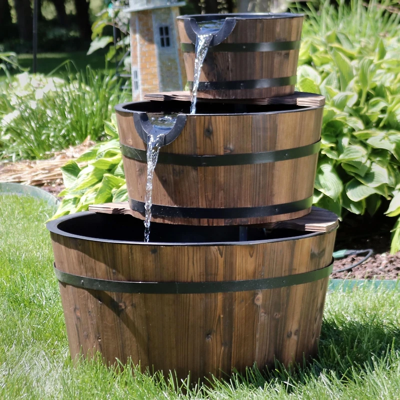 30-Inch 3-Tier Wood Barrel Outdoor Water Fountain - Electric Submersible Pump