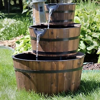 30-Inch 3-Tier Wood Barrel Outdoor Water Fountain - Electric Submersible Pump