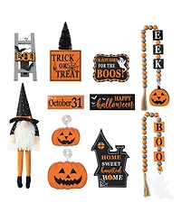 Glitzhome Halloween Wooden Word Signs and Fabric Gnome Tiered Tray Set Table Decor, Set of 11