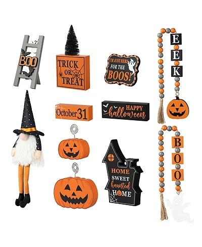 Glitzhome Halloween Wooden Word Signs and Fabric Gnome Tiered Tray Set Table Decor, Set of 11