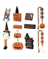 Glitzhome Halloween Wooden Word Signs and Fabric Gnome Tiered Tray Set Table Decor, Set of 11