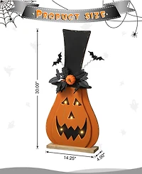 Glitzhome 29.5"H Halloween Lighted Wooden Jack-o-Lantern Porch Decor with Floral Timer