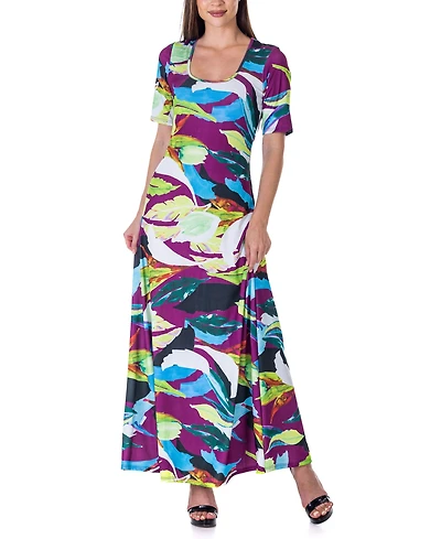 24seven Comfort Apparel Women's Print Elbow Sleeve Casual A Line Maxi Dress
