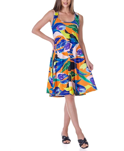 24seven Comfort Apparel Women's Print Sleeveless Knee Length Tank Swing Dress