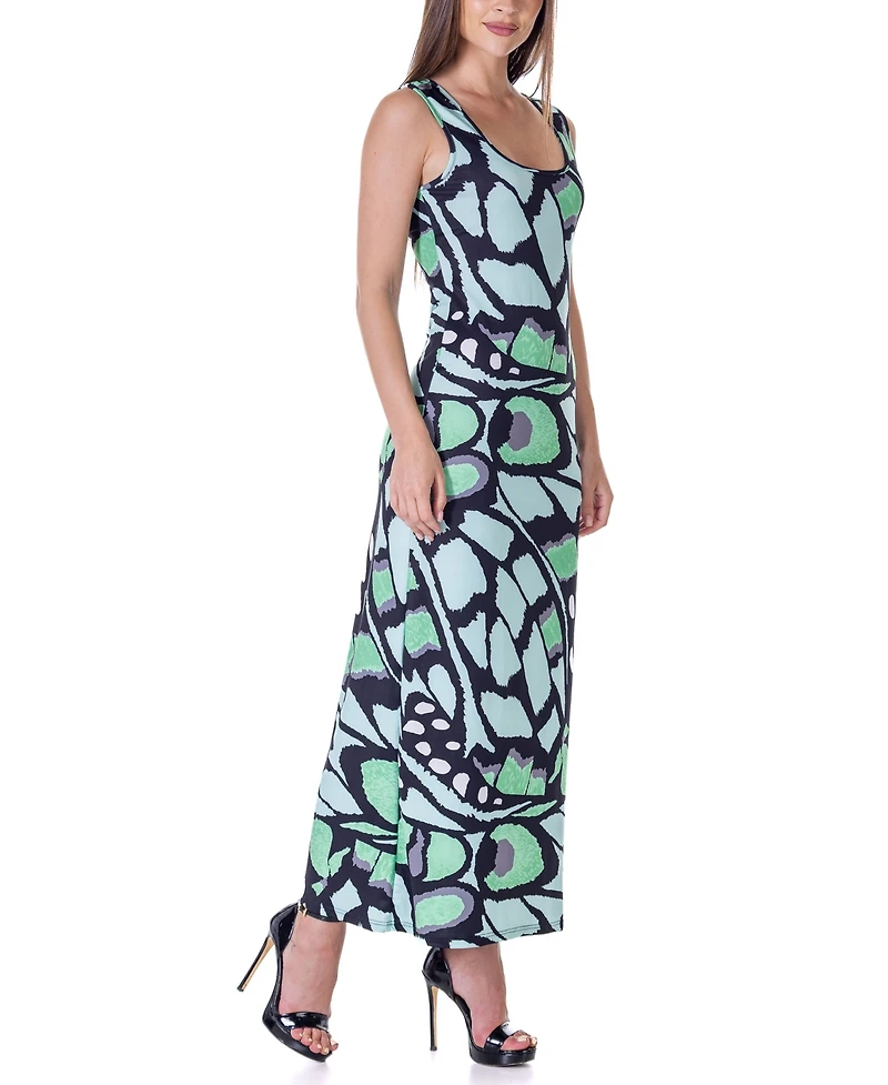 24seven Comfort Apparel Women's Green Butterfly Print Casual Razorback Tank Maxi Dress