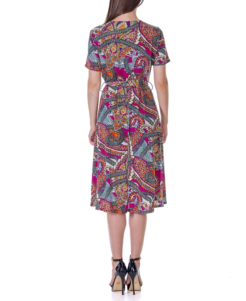 24seven Comfort Apparel Print Short Sleeve Tie Waist Midi Dress