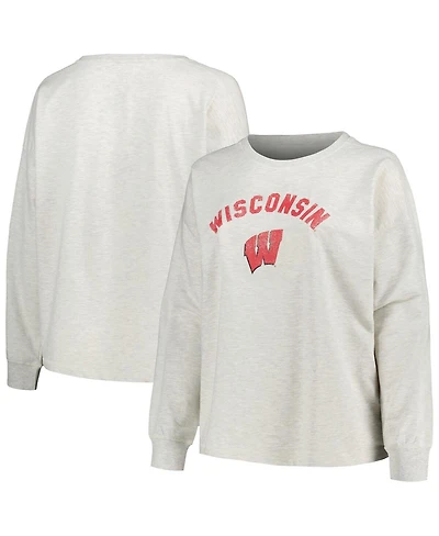 Profile Women's Oatmeal Wisconsin Badgers Plus Size Distressed Arch Over Logo Neutral Boxy Pullover Sweatshirt