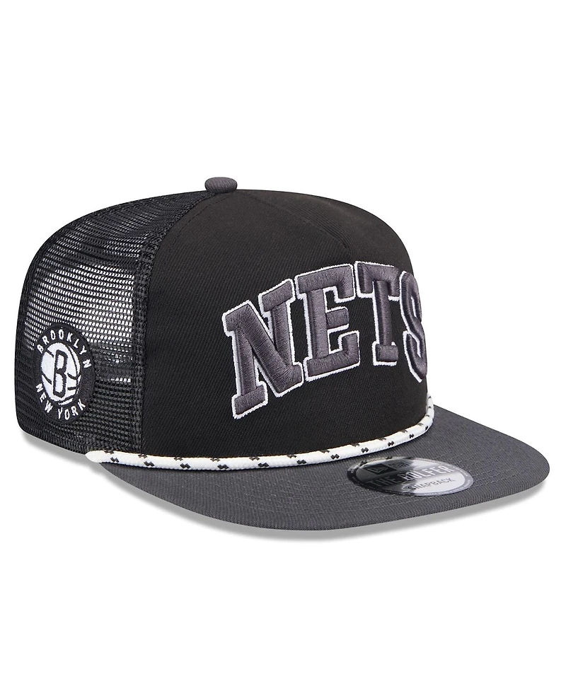 New Era Men's Black/Charcoal Brooklyn Nets Throwback Team Arch Golfer Snapback Hat