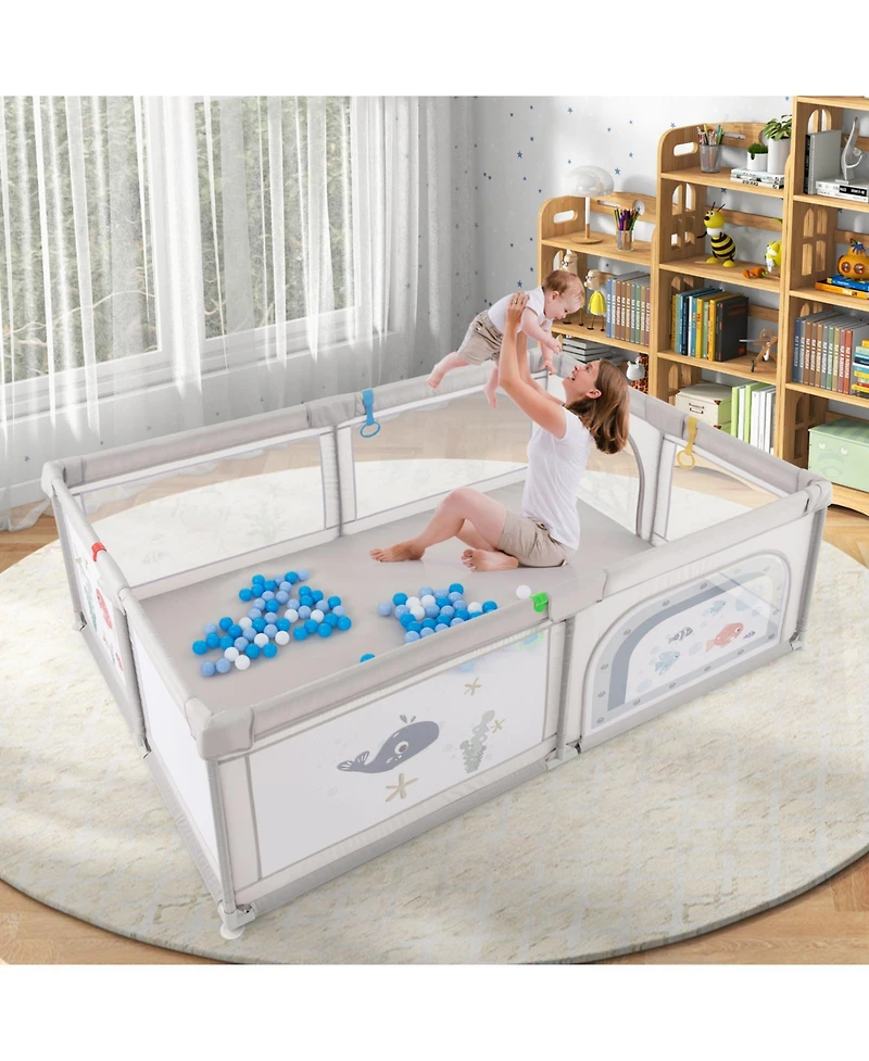 Slickblue Toddler Large Playpen with Pull Rings Ocean Balls and Cute Pattern