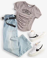 Just Polly Juniors Crewneck Ruched Front Baby Tee Madden Girl Juniors Belted Skater Jeans