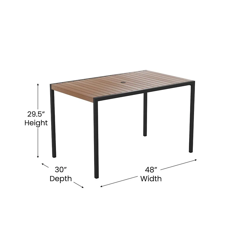 Outdoor Powder Coated Steel Dining Table With Faux Teak Poly Slat Top, 9' Patio Umbrella And Base