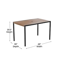 Outdoor Powder Coated Steel Dining Table With Faux Teak Poly Slat Top, 9' Patio Umbrella And Base