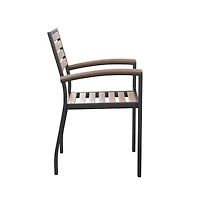 Hampstead Five Piece Faux Teak Patio Dining Set Includes Table, Two Club Chairs, 9' Patio Umbrella And Base